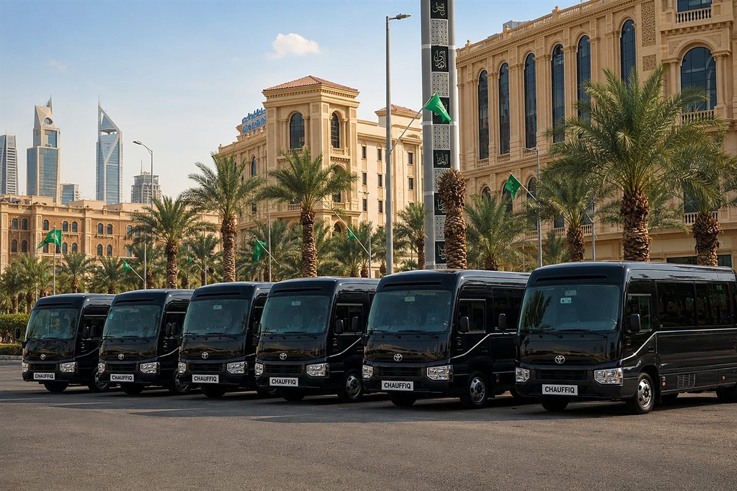 Event transportation Riyadh, black Coaster buses under Saudi flags in the city centre
