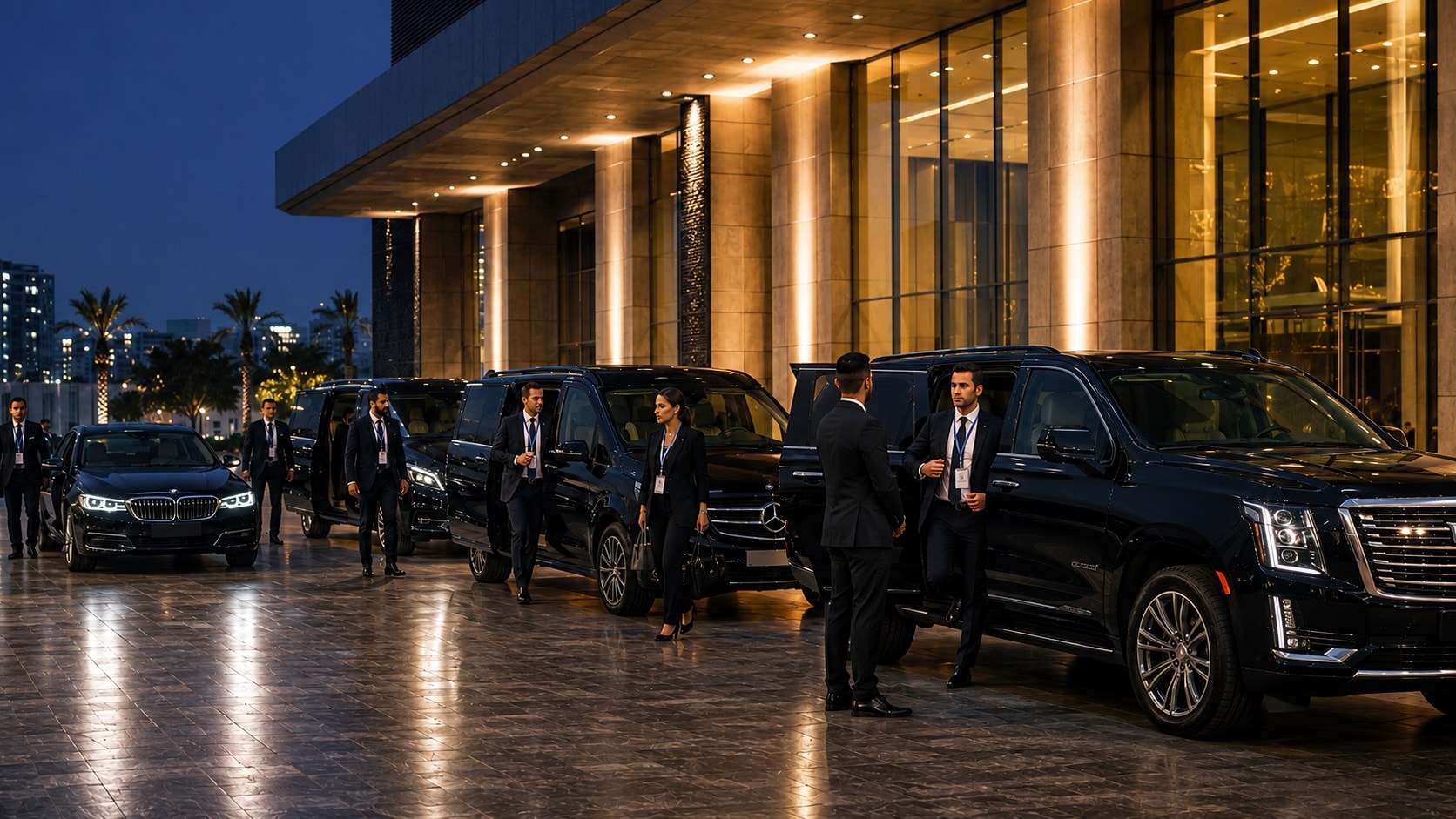 Luxury chauffeur service in Riyadh, the CHAUFFIQ fleet receiving guests at an evening venue