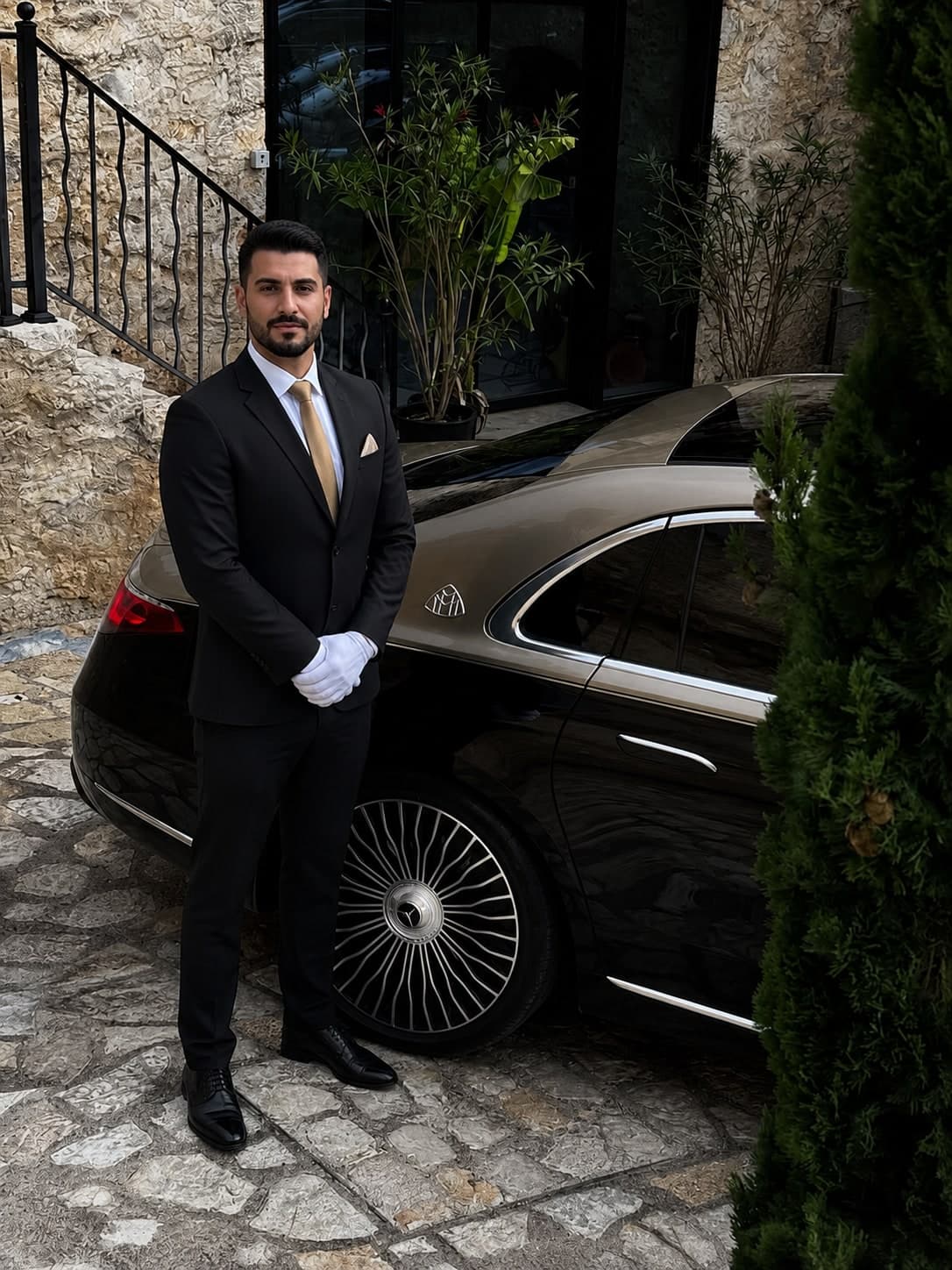 CHAUFFIQ chauffeur in white gloves standing beside a Mercedes-Maybach saloon